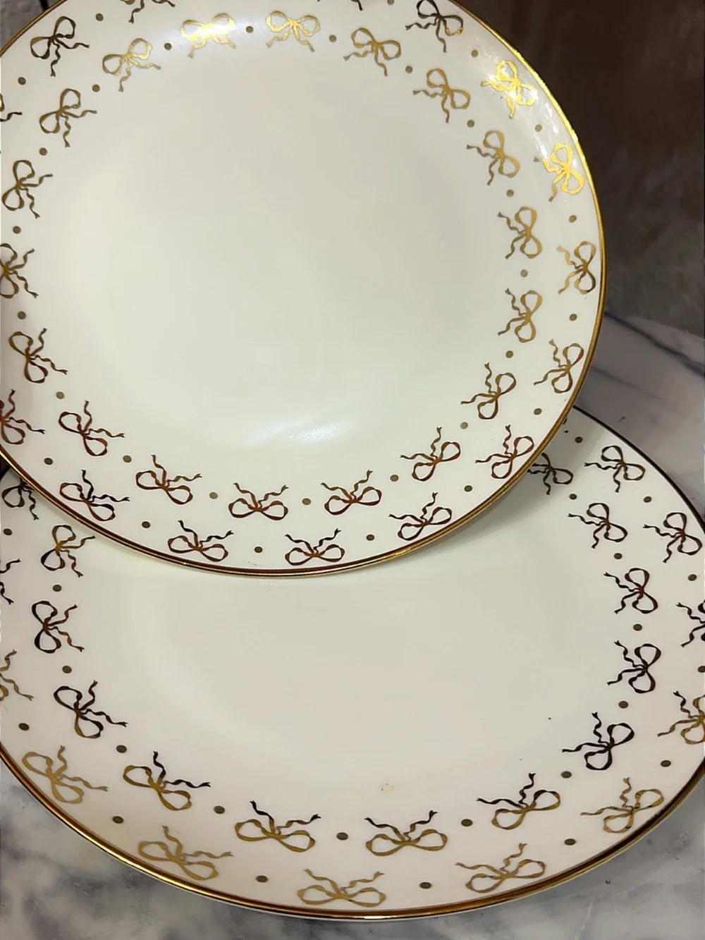 6 Elegant White Porcelain Dinner Plates with Gold Bow Accent